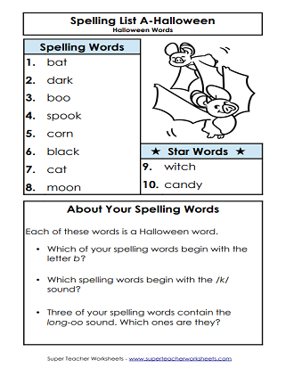 Halloween Spelling Worksheets - List