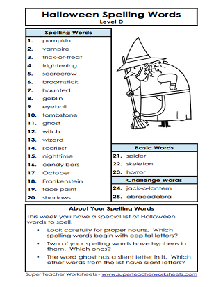 Halloween Spelling Worksheets - List