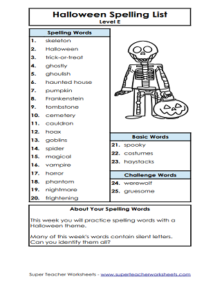 Halloween Spelling Worksheets - List