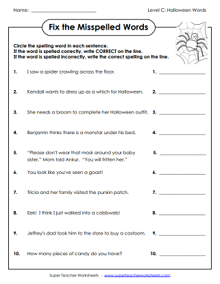 Halloween Spelling Worksheets - Fix Misspelled Words