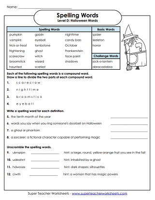 Halloween Spelling Worksheets - Questions