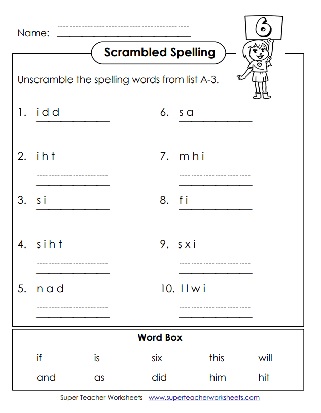 Spelling Word Scramble 1st Grade