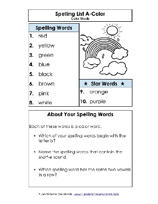 1st Grade Color Words Theme Spelling List Worksheet
