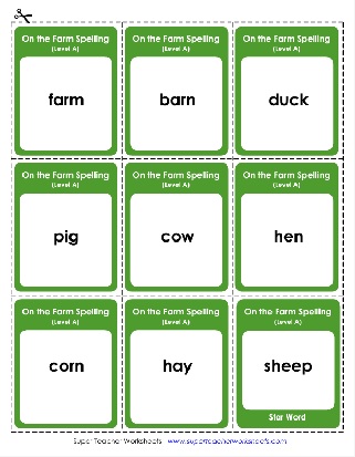 1st Grade Farm Words Theme Spelling List Flash Cards Worksheet