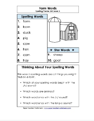 1st Grade Farm Words Theme Spelling List Worksheet