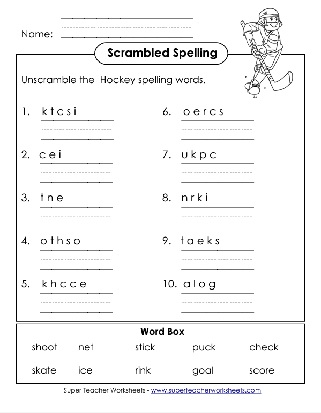 1st Grade Printable Spelling List Word Scramble Hockey Theme Words Worksheet 