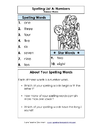 1st Grade Printable Spelling List Theme Number Words Worksheet
