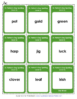 1st Grade Printable Flash Cards Worksheet St. Patrick's Day Theme Words 