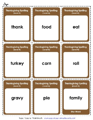 1st Grade Thanksgiving Words Theme Spelling List Flashcards Worksheet