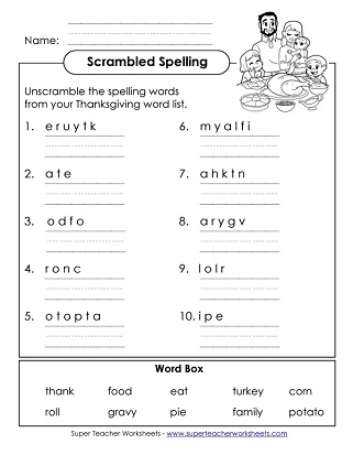 1st Grade Thanksgiving Words Theme Spelling List Word Scramble Worksheet