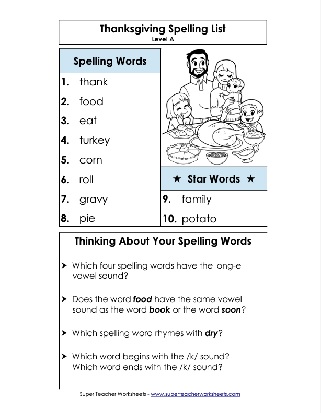 1st Grade Thanksgiving Words Theme Spelling List Worksheet