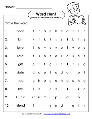 Spellind Words List Valentines Day Theme Horizontal Word Hunt Worksheet