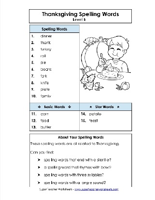  2nd Grade Thanksgiving Words Theme Spelling Lis