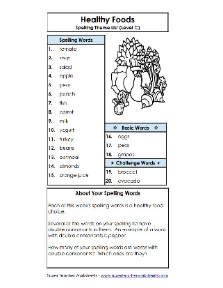 Spelling List - Health Foods