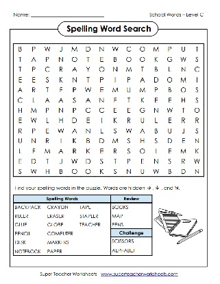 3rd Grade Spelling List Word Search - School Theme