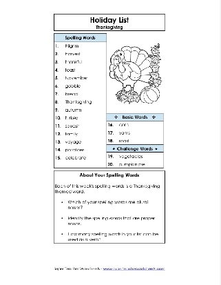 3rd Grade Thanksgiving Words Theme Spelling List Worksheet