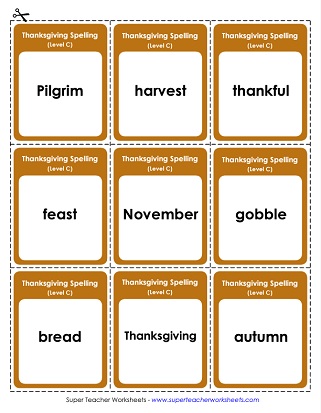3rd Grade Thanksgiving Words Theme Spelling List Flash Cards Worksheet