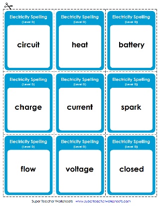 4th Grade Spelling Flash Cards - Electricity
