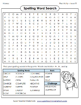 4th Grade Spelling Word Search - Electricity Words