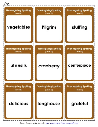 4th Grade Thanksgiving Spelling List Flash Cards Worksheet