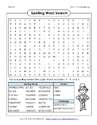 4th Grade Thanksgiving Spelling List Word Search Puzzle Worksheet
