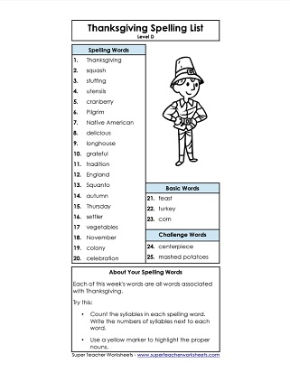 4th Grade Thanksgiving Spelling List Worksheet