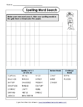 5th Grade Spelling Words Short-a Short-e Make a Word Search Worksheet