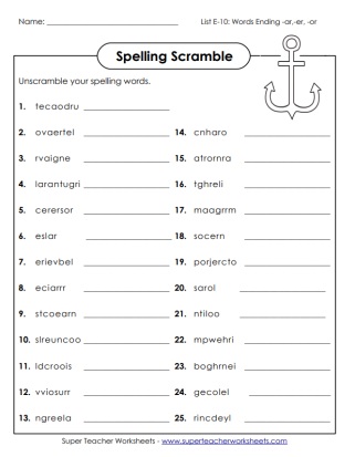 Fifth grade spelling unscramble words worksheet