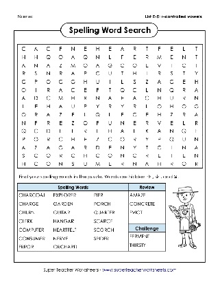 5th Grade Spelling List R-Controlled Vowels Word Search Worksheet