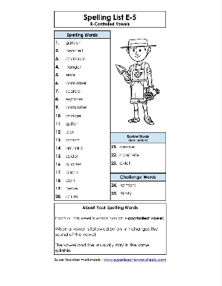 5th Grade Spelling List R-Controlled Vowels Worksheet