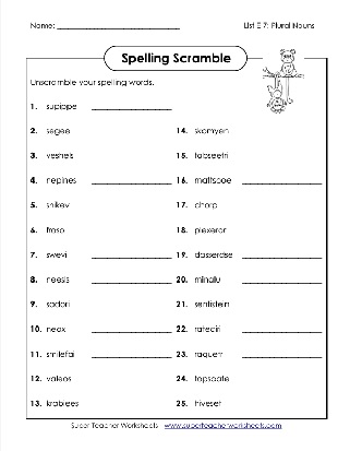 5th Grade Spelling List Theme Plural Nouns Word Scramble Activity Worksheet