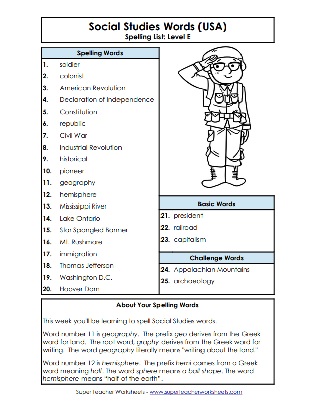 5th Grade Spelling List - Social Studies Words