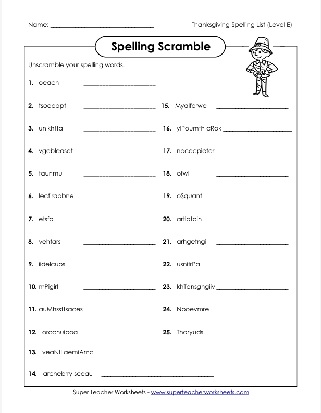 5th Grade Thanksgiving Spelling List Level E Word Scramble Worksheet
