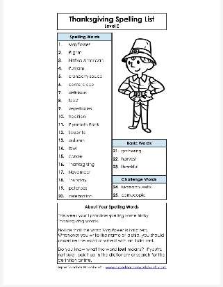 5th Grade Thanksgiving Spelling List Level E Worksheet