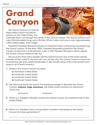 Grand Canyon Reading Comprehension Grand Canyon Reading Comprehension