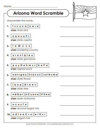 State of Arizona Worksheets - Word Scramble Puzzle State of Arizona Worksheets - Word Scramble Puzzle