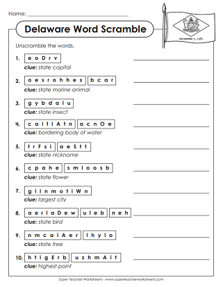 State of Delaware Worksheets - Word Puzzles