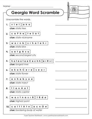 State of Georgia Worksheets - Word Scramble Puzzle