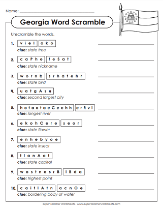 State of Georgia Worksheets - Word Scramble Puzzle State of Georgia Worksheets - Word Scramble Puzzle