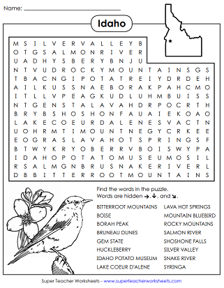 State of Idaho Word Search Puzzle