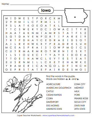 State of Iowa Word Search Puzzle