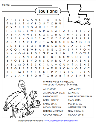 State of Louisiana Word Search Puzzle
