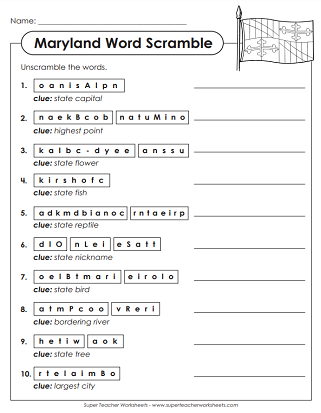 State of Maryland - Word Scramble Puzzle