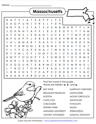 State of Massachusetts Word Search Puzzle
