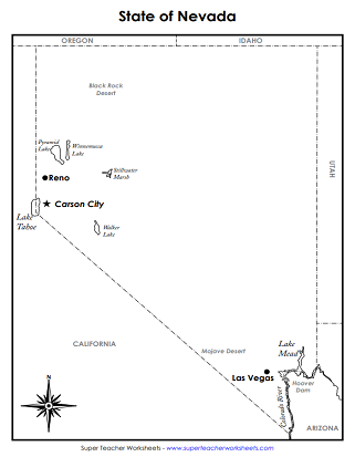 Nevada Worksheets - Labeled State Map