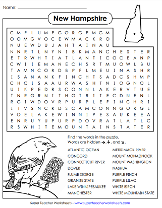 State of New Hampshire Word Search Puzzle