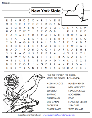 State of New York Worksheets - Word Search Puzzle