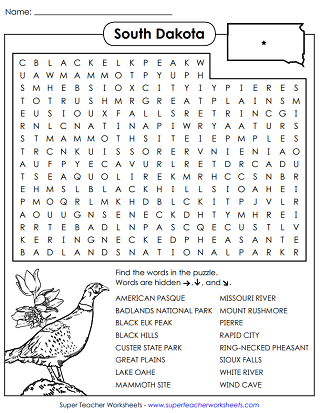 State of South Dakota Word Search Puzzle