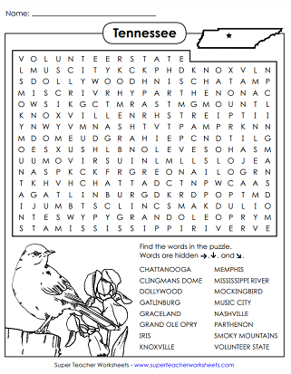 State of Tennessee Word Search Puzzle