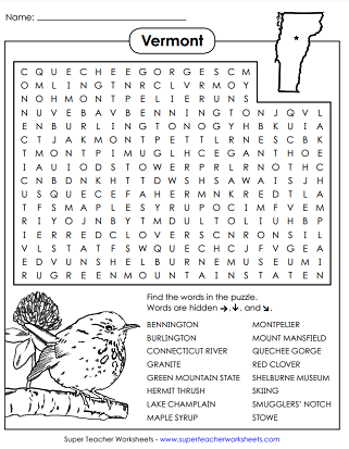 State of Vermont Word Search Puzzle